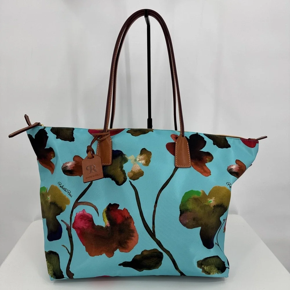 Roberta Pieri Robertina Tote Bag In Teal With Floral Print Overnight Designer